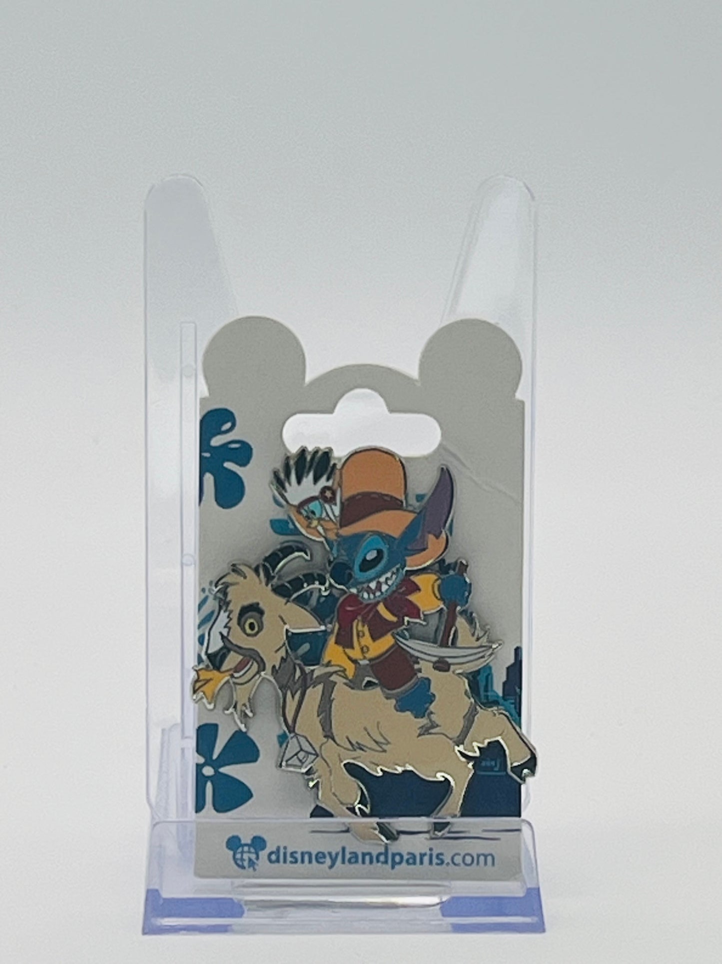Disneyland Paris Open Edition trading pin featuring Stitch riding the Big Thunder Mountain Goat.