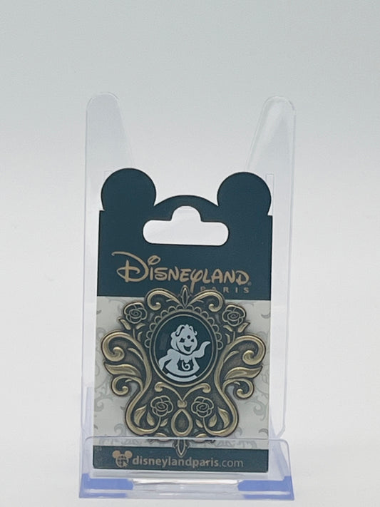 Disneyland Paris Open Edition trading pin featuring Cogsworth in an Antique Gold Cameo Frame.