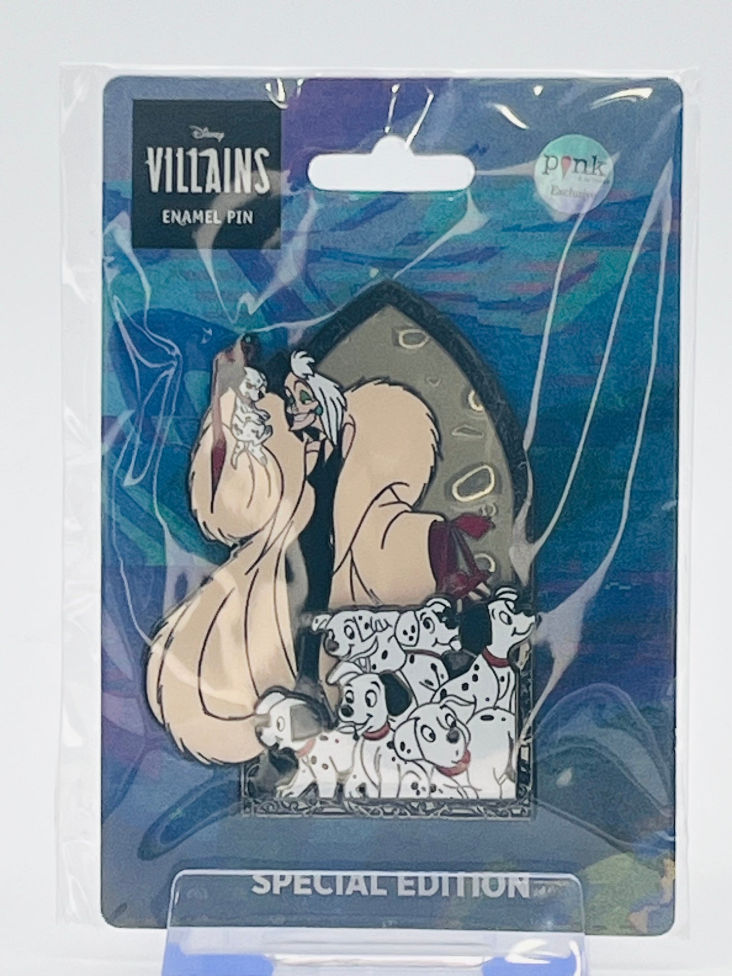 Pink a la Mode (PALM) Disney Villains Cruella de Vil with 101 Dalmatians Puppies Enamel Pin.