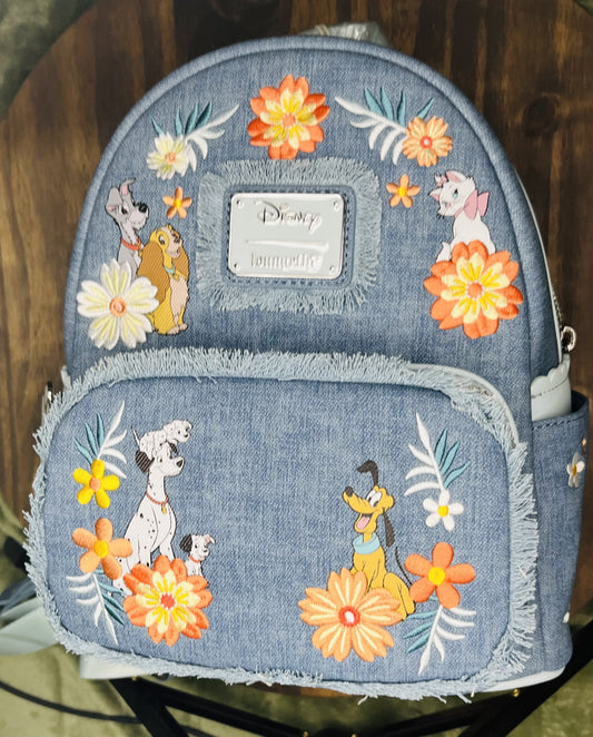 Loungefly Disney Dogs & Cats Floral Faux Denim Fringe Mini Backpack (Style WDBK4022)
